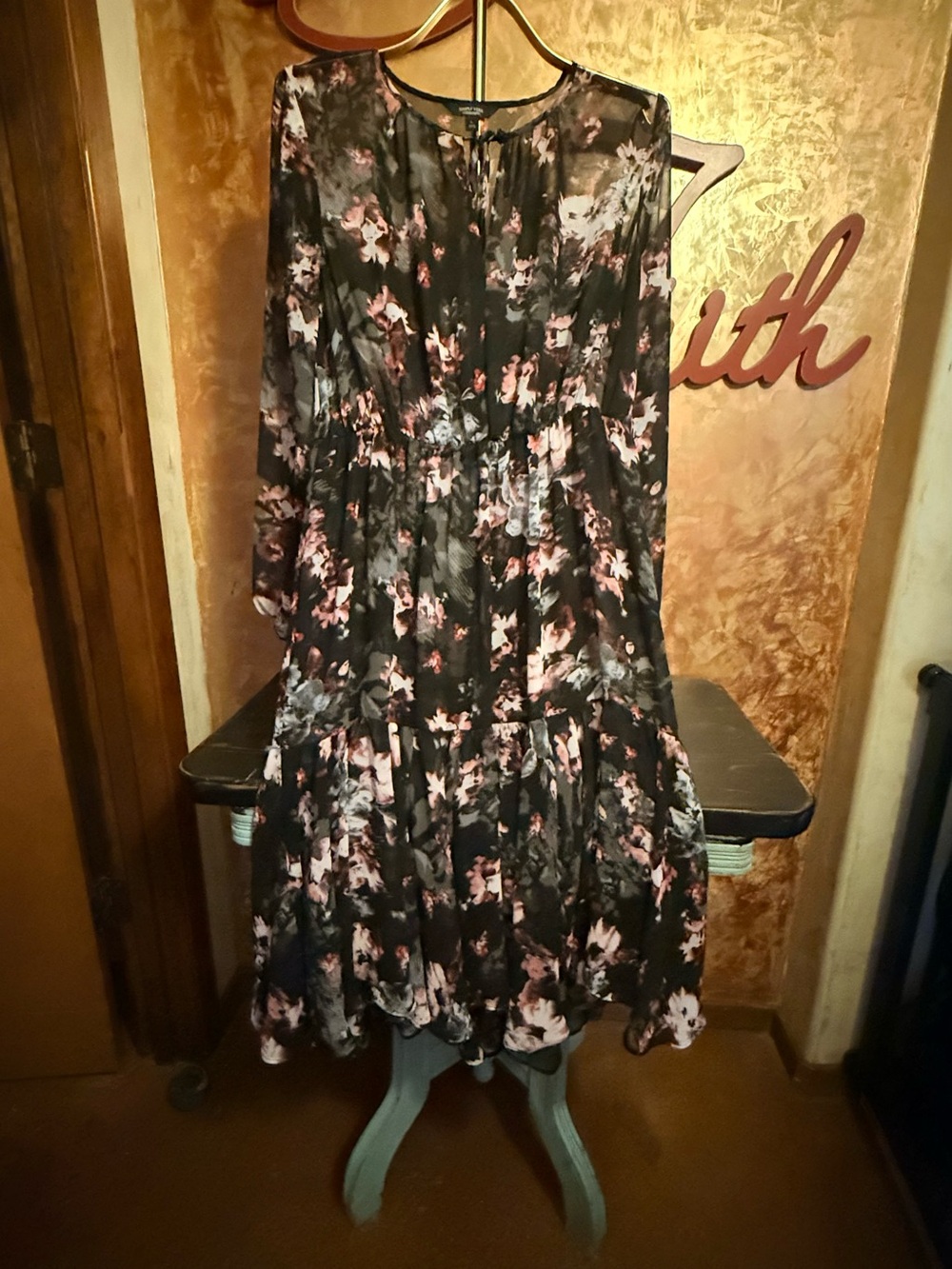 Simply Vera Vera Wang Black Floral Tie-Neck Dress with Pink Accents